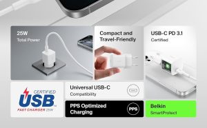 Belkin 25W USB-C PD Wall Charger with PPS Price in Pakistan – charger with foldable prongs and USB-C port showing compact travel design