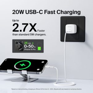 
Belkin Compact USB-C Wall Charger 20W Price in Pakistan – charger with Europlug (Type C) round pins and USB-C port showing compact design
